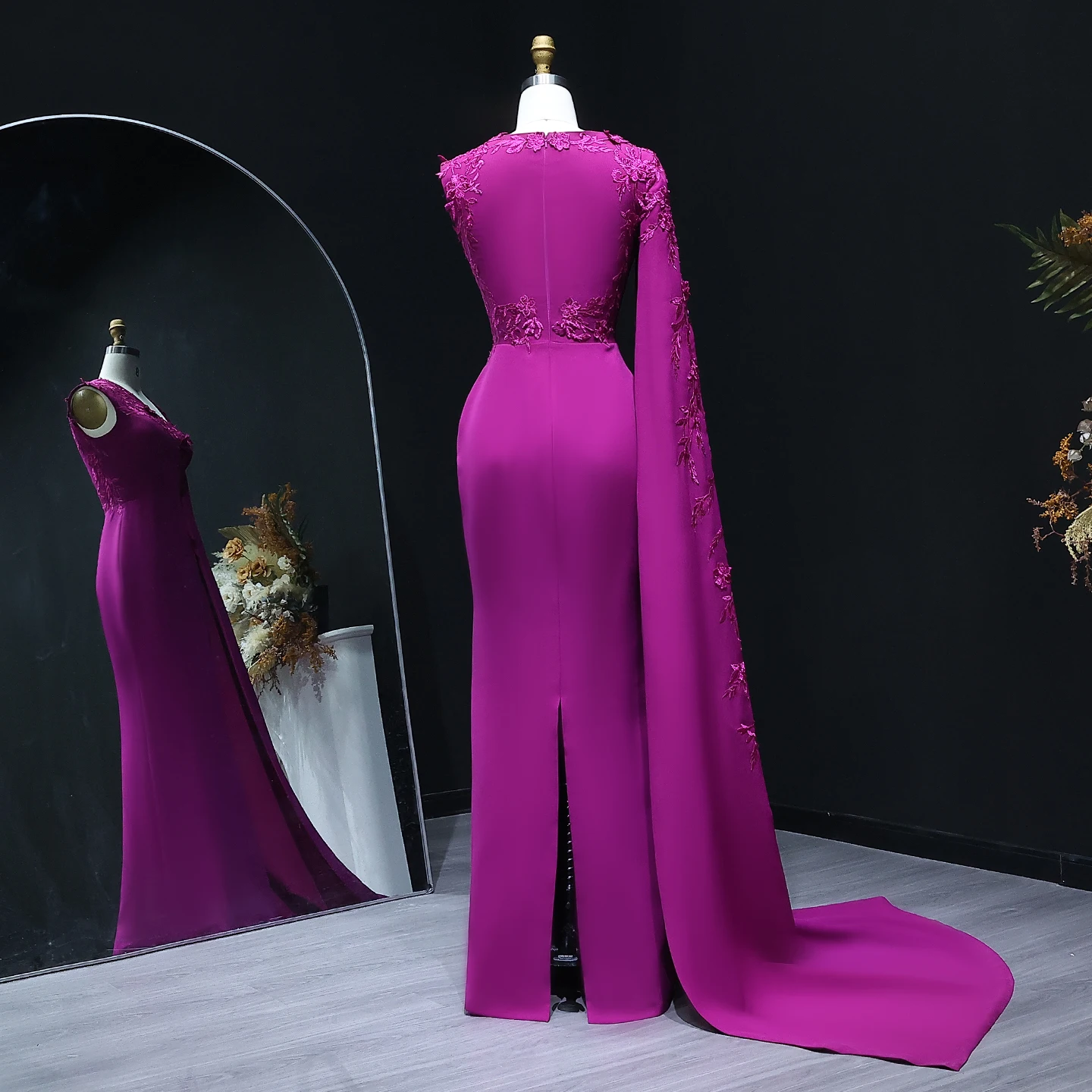 シャロンはドバイ紫ワンショルダーアラビア語 3D 花ケープスリーブ女性のウェディングパーティードレス SF105 カスタマイズ