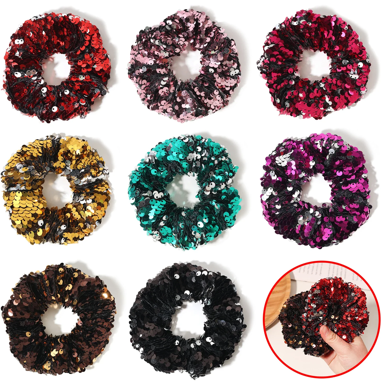Furling Girl 1 PC Double Colors Sequins Elastic Hair Bands Glitters Hair Scrunchies in Large Size Shinny Bling Akcesoria do włosów — zdjęcie 2