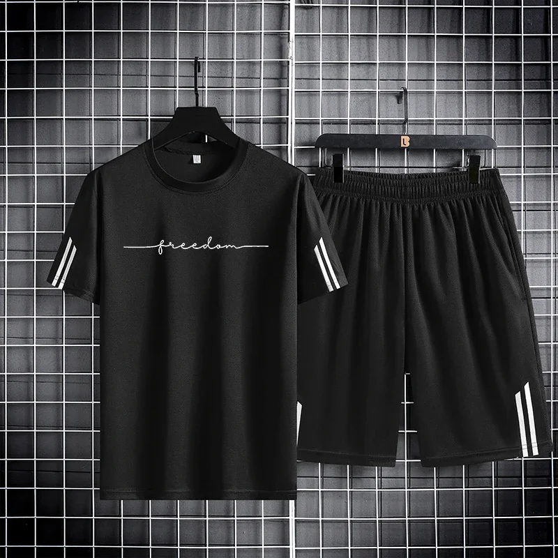 【 M-5XL 】 Letni zestaw męski 2024 nowy szybkoschnący oddychający siateczkowy T-shirt z krótkim rękawem i szorty dwuczęściowy zestaw sportowy do biegania — zdjęcie 2