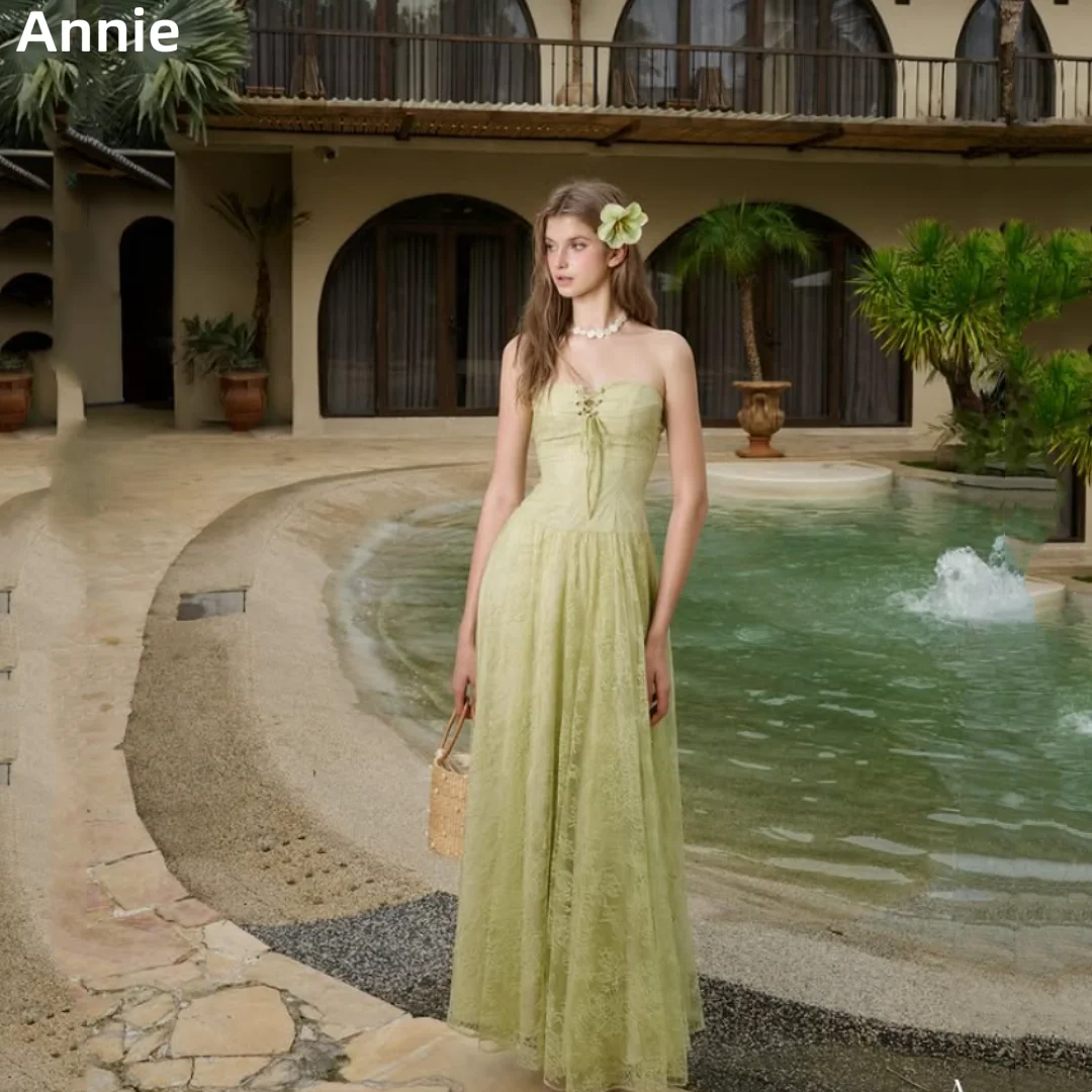 

Annie Light Green Prom Dresses Lace Embroidery Evening Dresses A-Shape Sexy Off Shoulder Corset فساتين سهرة