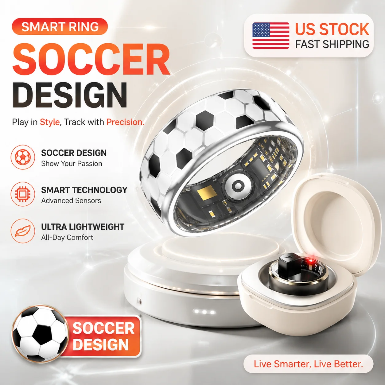 Soccer Smart Ring for Men Women Football rings ip68 waterproof Message Reminder Heart Rate SPO2 Calories & Steps Monitoring SmartRing GPS