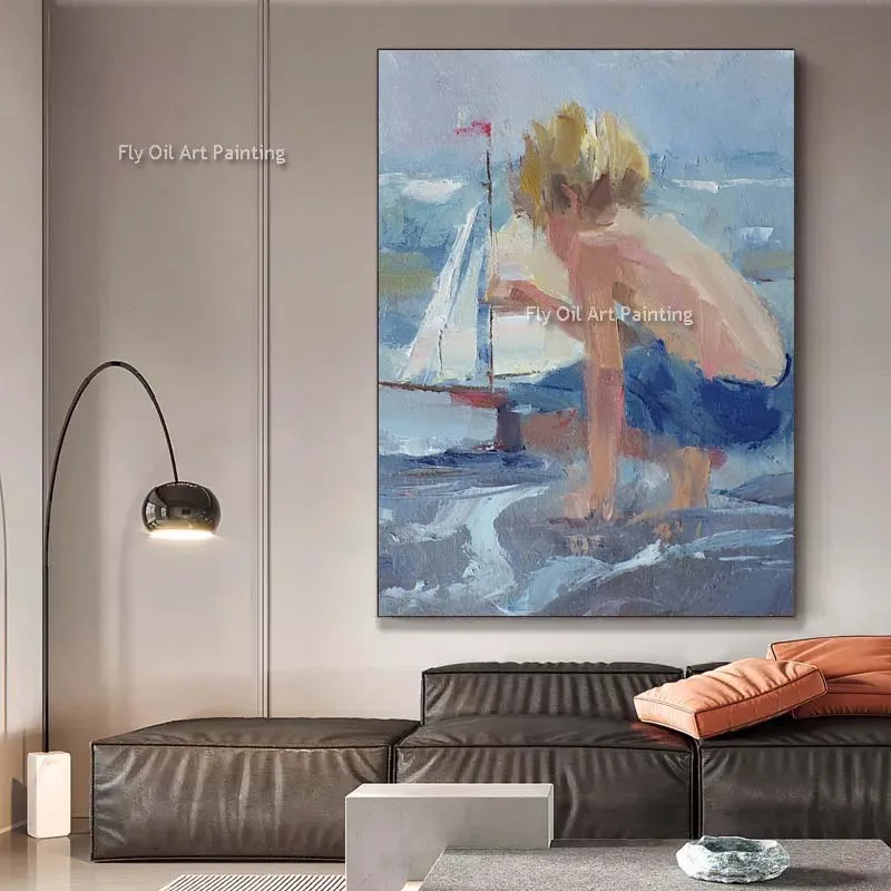 

Little Boy Playing At The Beach Oil Painting Hand Painted Romantic Portrait Seascape Canvas Painting Modern Artwork For Decor