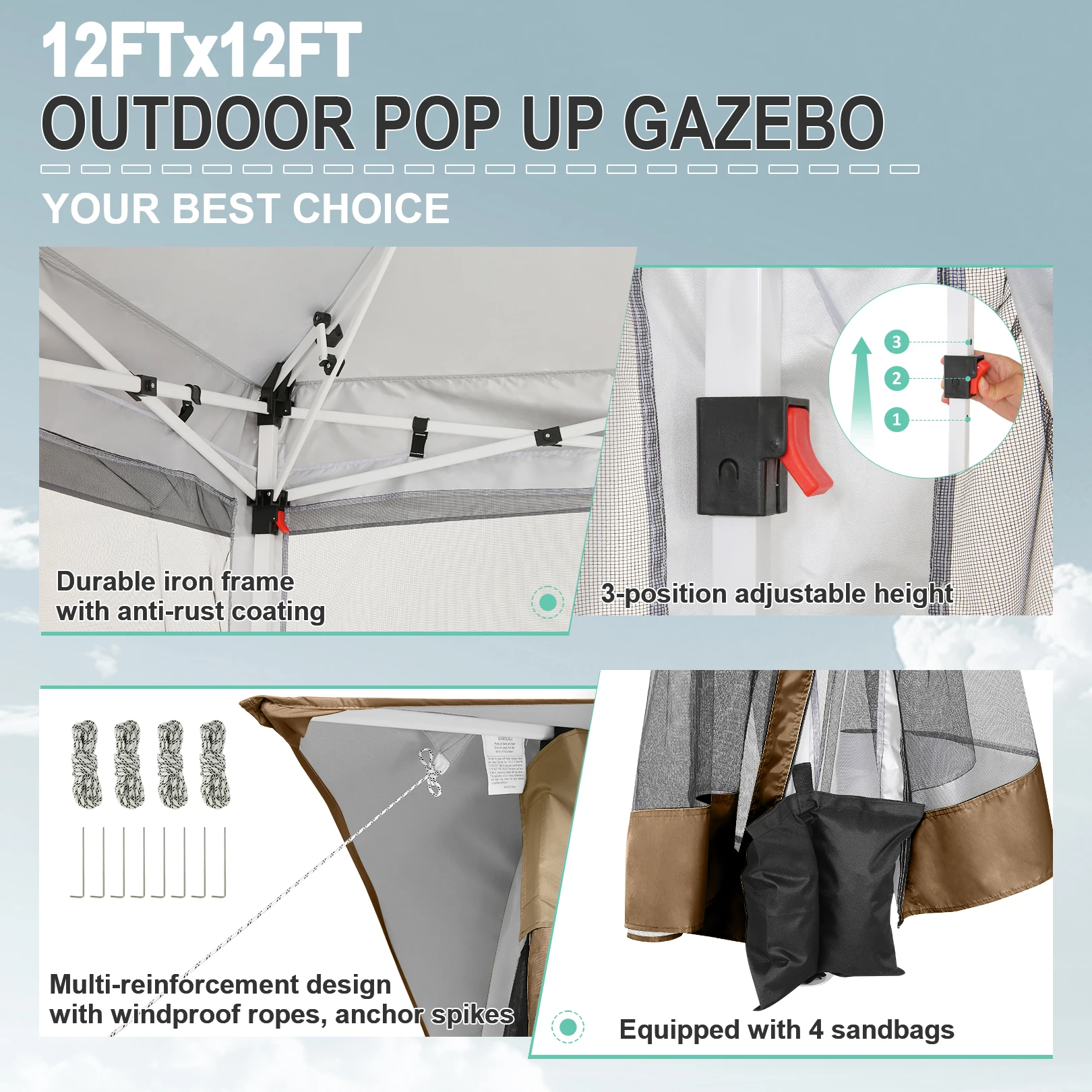 شرفة منبثقة مقاس 12 × 12 مع شبكة ناموسية، خيمة مظلة خارجية مع حقيبة محمولة، شرفة فناء للحديقة والحفلات والمخيم