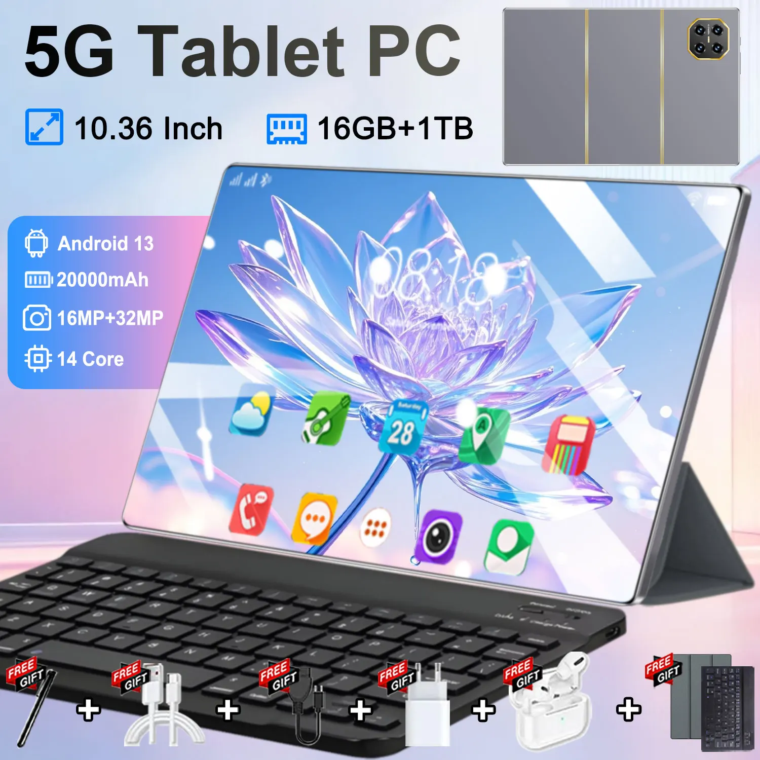Tablet con versión global 5G, pantalla de 10,36 pulgadas, Android 13, 16 GB + 1 TB, cámara de 16 MP + 32 MP, batería de 20000 mAh, WPS