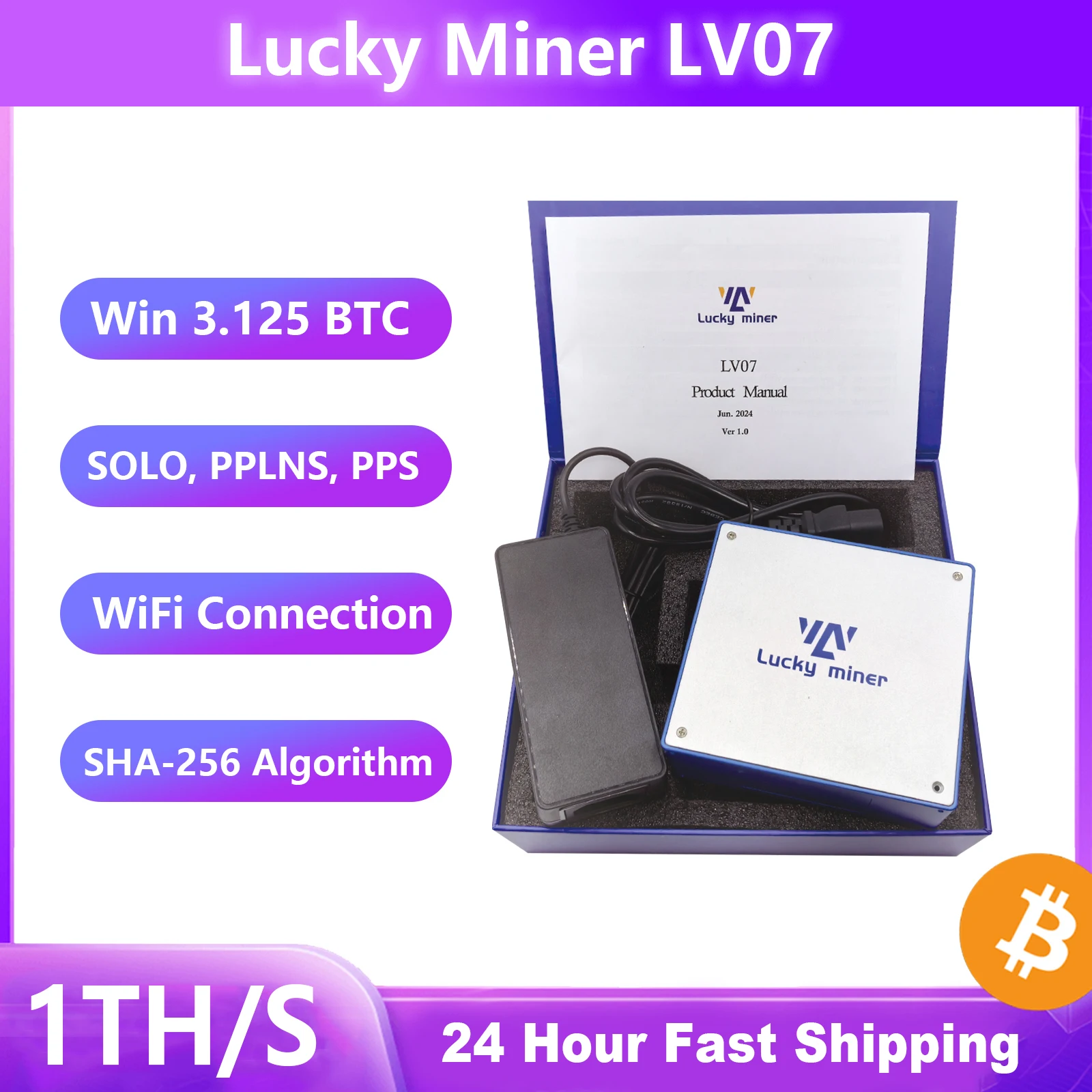 Bitcoin Miner Lucky Miner LV07 ASIC Mining 1TH/S BTC BCH BSV DGB  SHA256 Crypto Solo Silent Miner Machine Lottery Miner