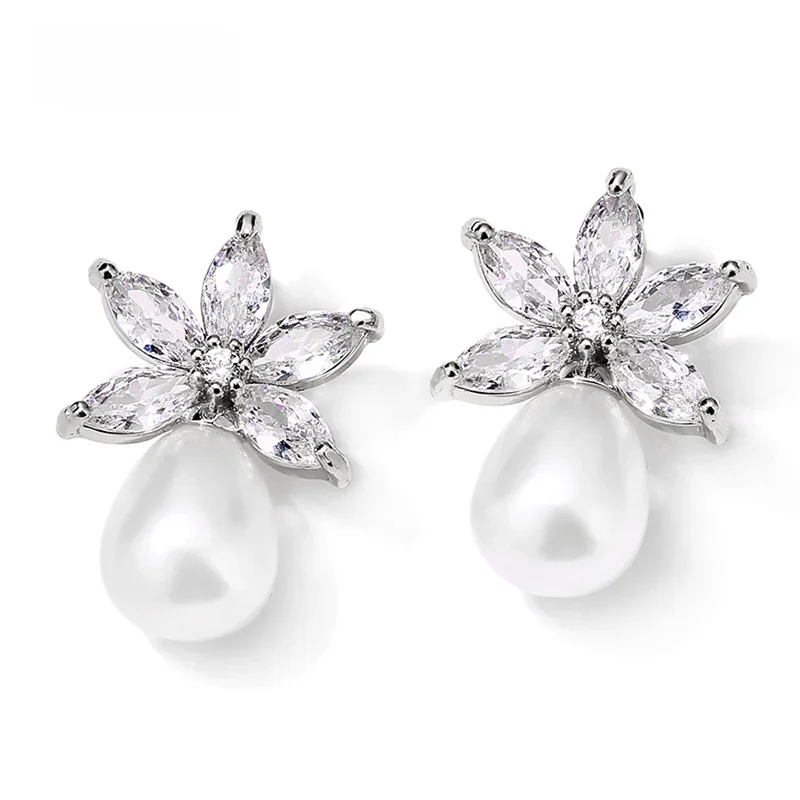 ZAKOL Fashion Simple Leaf Cubic Zirconia Pearl Drop Kolczyki dla kobiet Elegancki kolczyk dla panny młodej i druhny — zdjęcie 2