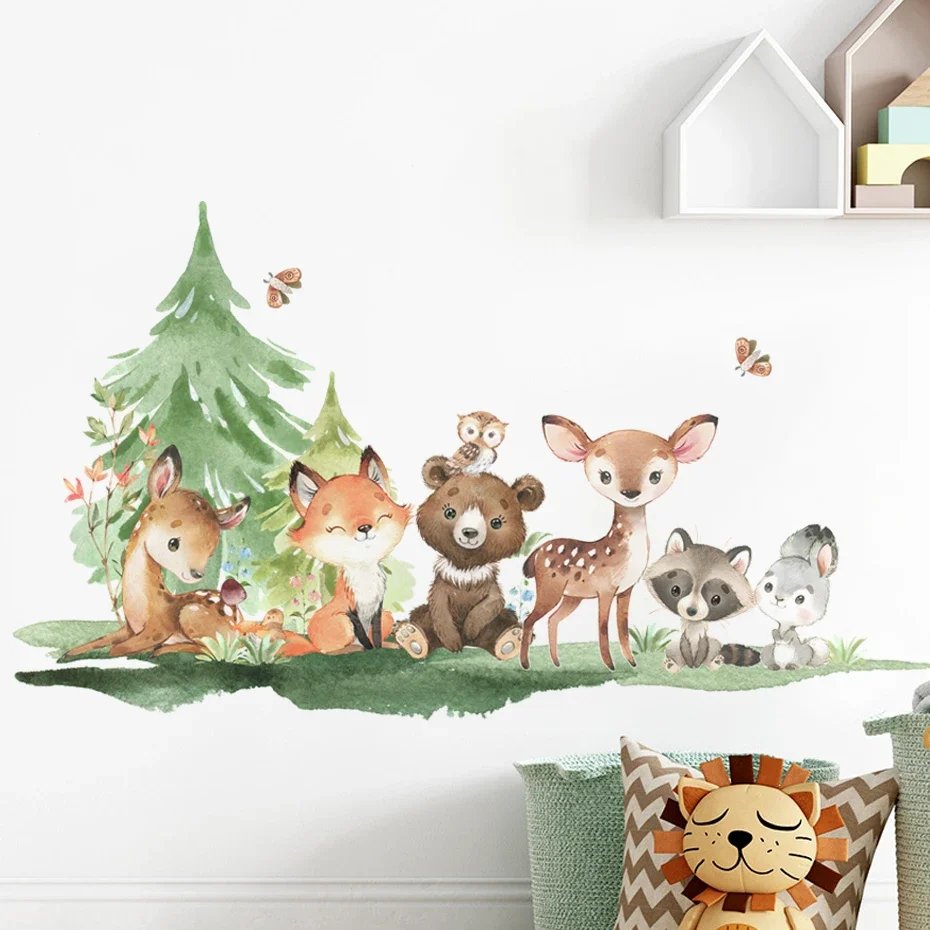 Autocollants muraux thème animaux de la forêt, ours, cerf, lapin, pour chambre d'enfants, décoration de chambre de bébé, papier peint, sparadrap muraux pour pépinière