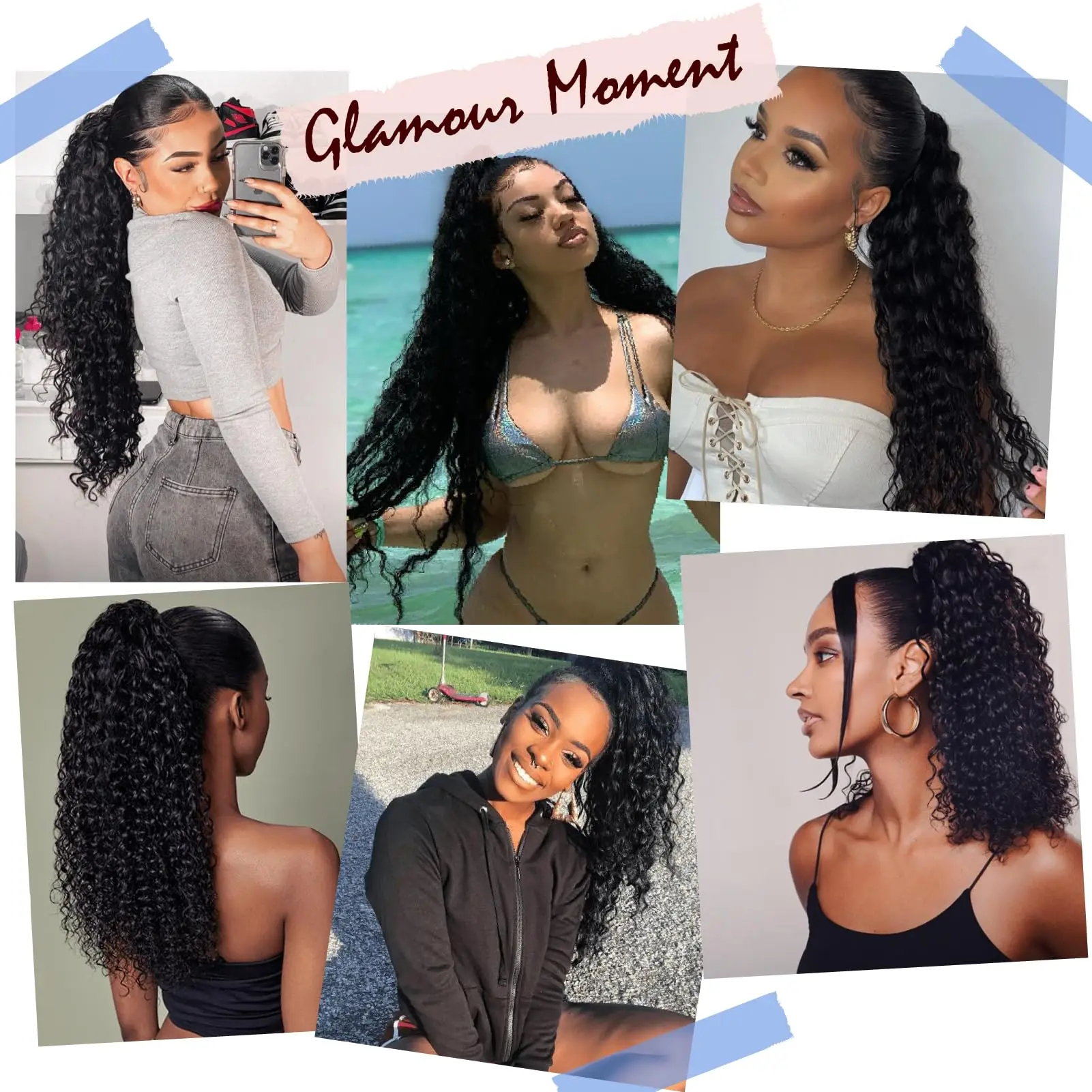 موجة عميقة الشعر البشري الرباط ذيل حصان موجة عميقة الرباط ذيل حصان # 1B أسود طبيعي للنساء وصلة شعر بشري على شكل ذيل حصان #6