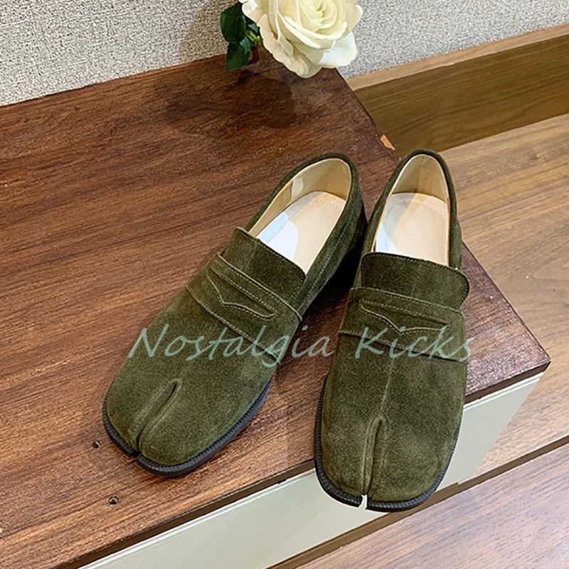 

Army Green Suede Split Toe Loafers Vintage Tabi Quality Cow Leather Slip On Formal Shoes Men's Flat Casual Daily Footwear