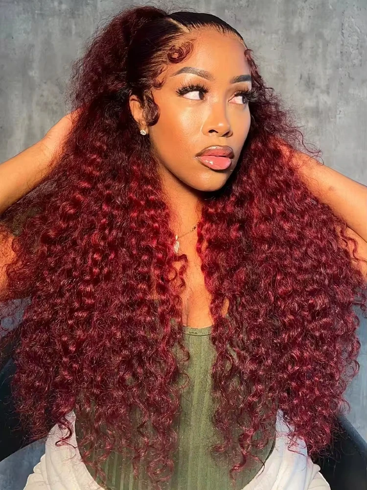

250% 99j Burgundy 13x6 HD Deep Wave Frontal Wig Colored Deep Curly Lace Front Human Hair Wigs Preplucked 100% human hair quality