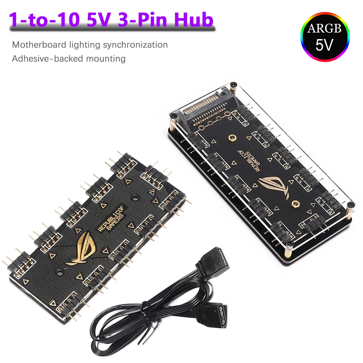ARGB Connector 1 To 10 Port Splitter Hub 5V 3Pin ARGB Case Fan Hub With Adhesive Base SATA Power For LED Fans Lights