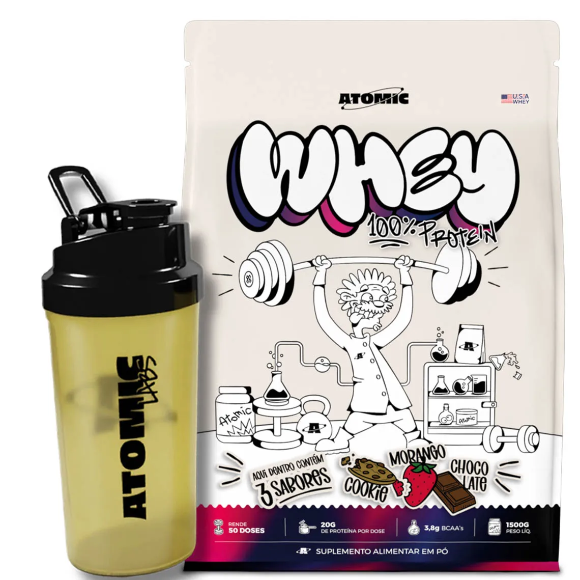 Whey Protein Concentrado Atomic Labs - 1,5 Kg 3 Sabores