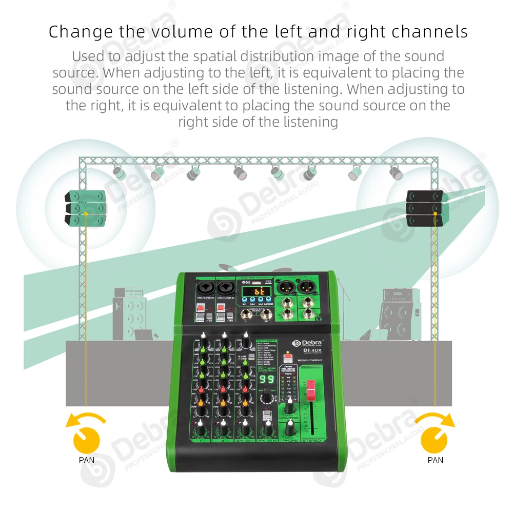 Debra Mixer Audio per Console DJ a 4 canali con riverbero digitale 99DSP Bluetooth 5.0 professionale per la registrazione di PC da palco Karaoke