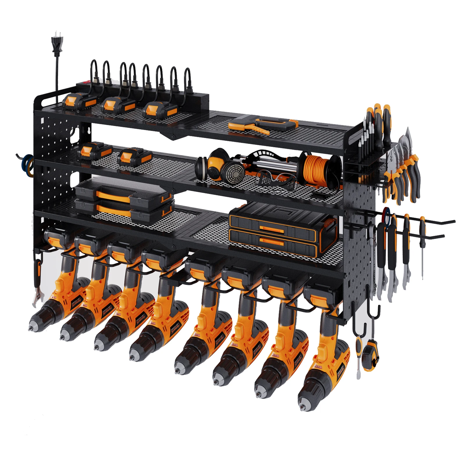 4-Layer Power Tool Organizer For 8 Cordless Drills, Wall Mount Tool Holder with Charging Station, for Garage Organization