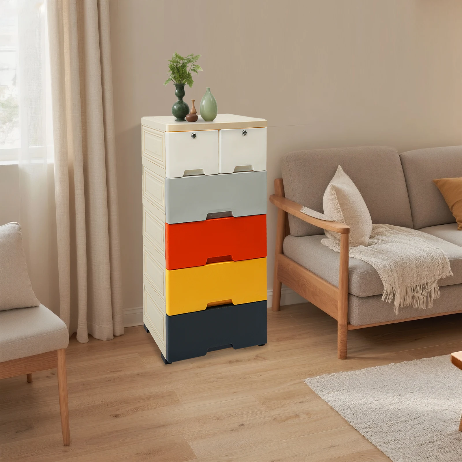

Plastic Drawers Dresser, 5-Tier Storage Cabinet W/ Lock, Morandi Color PP Storage Organizer for Bedroom, Living Room Office Home