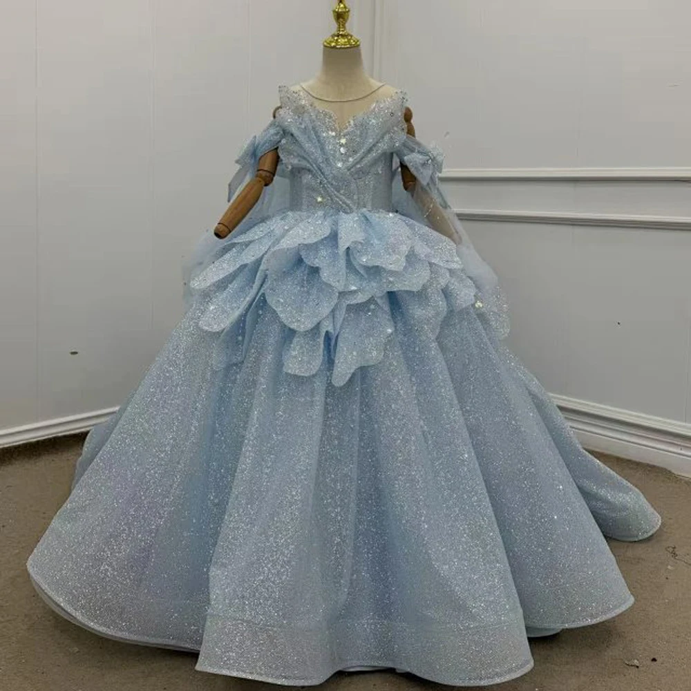 Luxury Blue Ball Princess Wedding Party Flower Girl Dress Floor Length Ball Gown First Communion Gown
