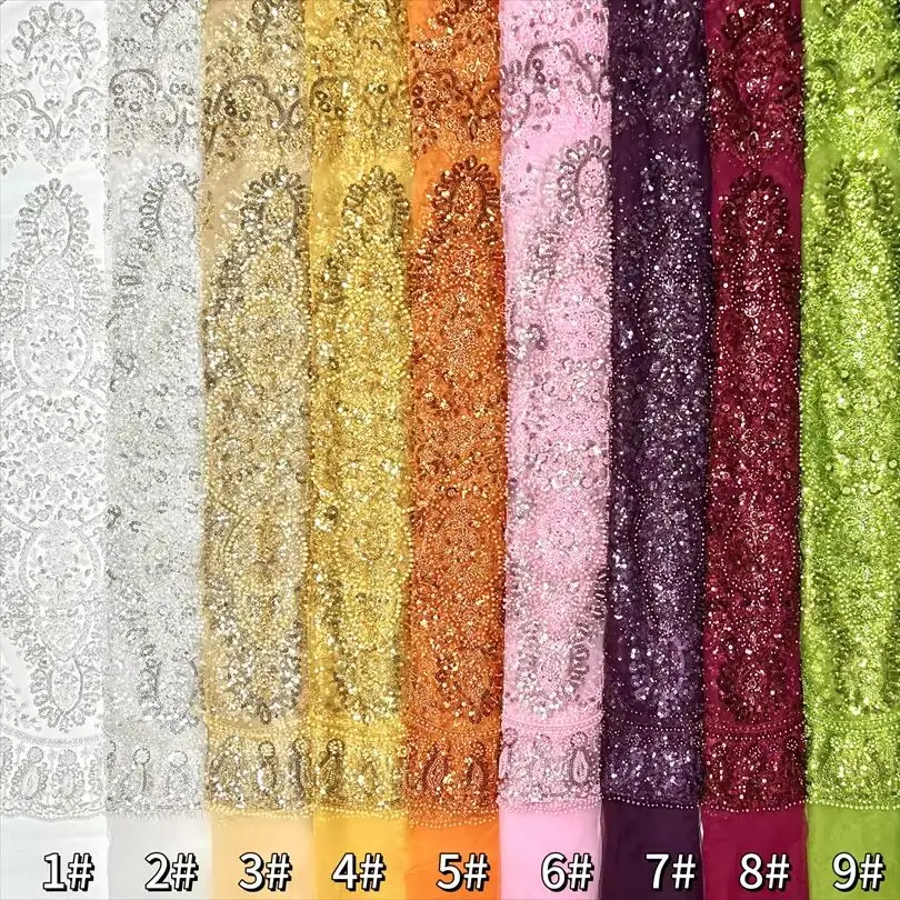 

Orange Mesh Fabric European Floral Design Beads Sequins Tulle Net HighAfrican Quality Wedding Women Dress For Sewing Mesh Fabric