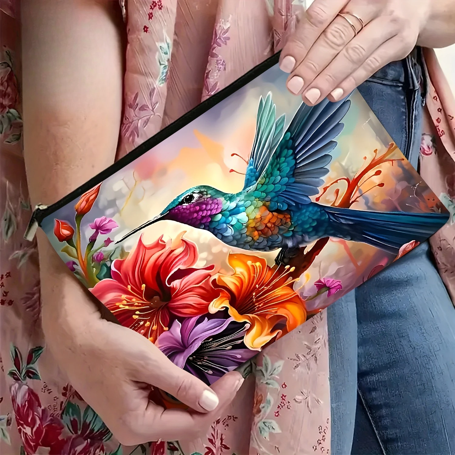 1Pc Hummingbird Floral Retro Design Multifunctional Travel Makeup Bag, Snack Storage Bag, Stationery Storage Bag, Fashionable Toiletry Bag, Canvas Double-Sided Printed Zipper Pouch