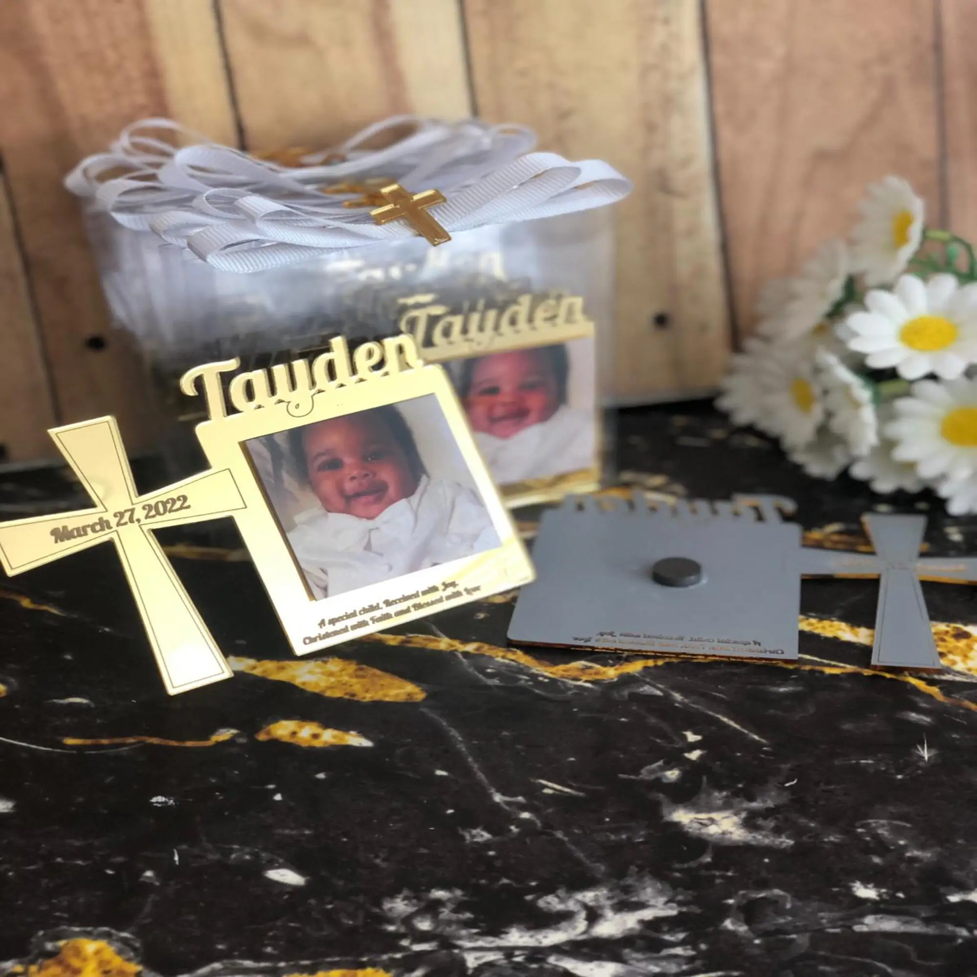 

Personalized Baby Photo Frame Baptism Cross Design Frame Gifts Baptism Favor for Guests Custom Gold Silver Gift First Age Teeth