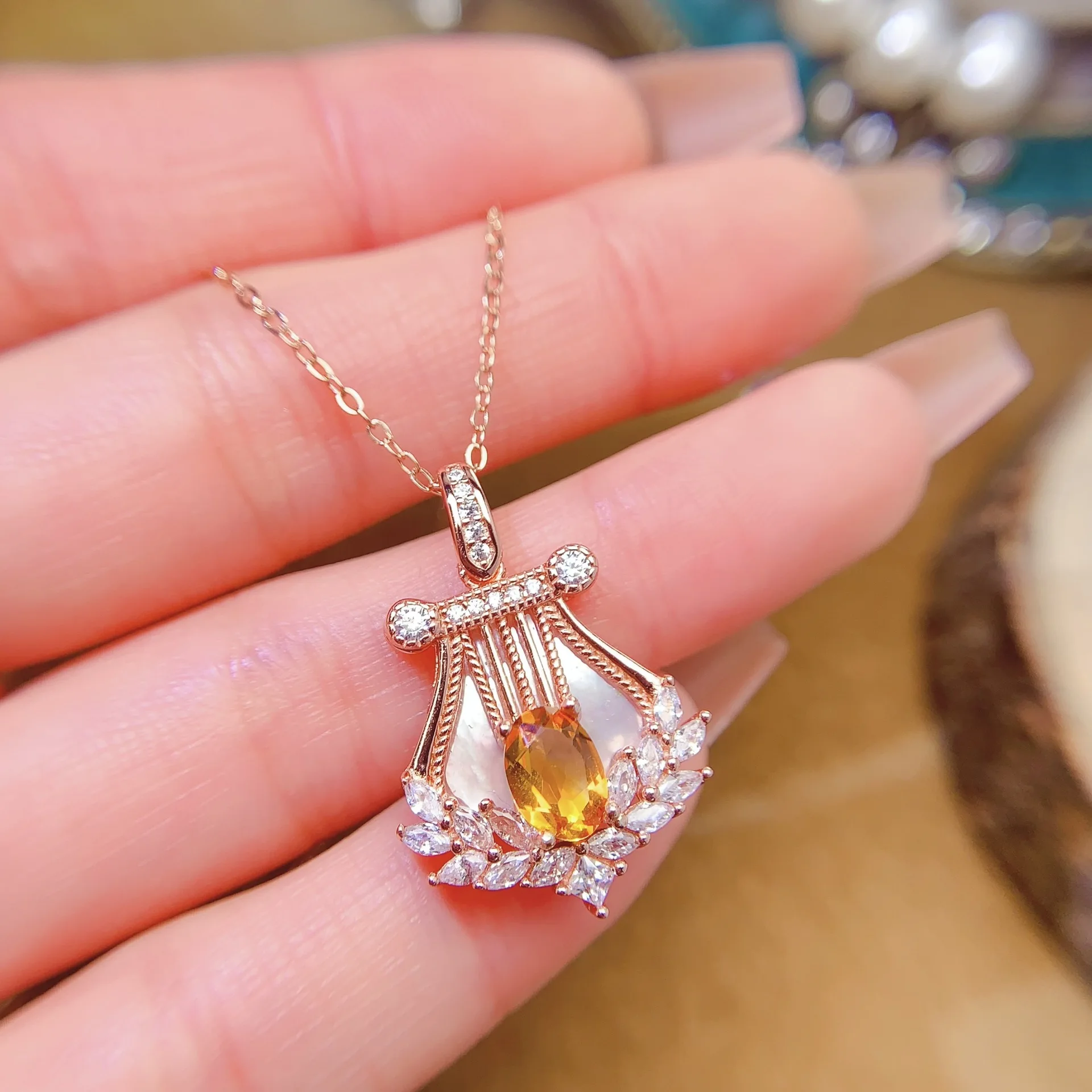 Jewelry Girl Pure Natural Yellow Crystal Necklace Pendant 925 Pure Silver Plated 18K Rose Gold Only Christmas Gift Girlfriend - view 6
