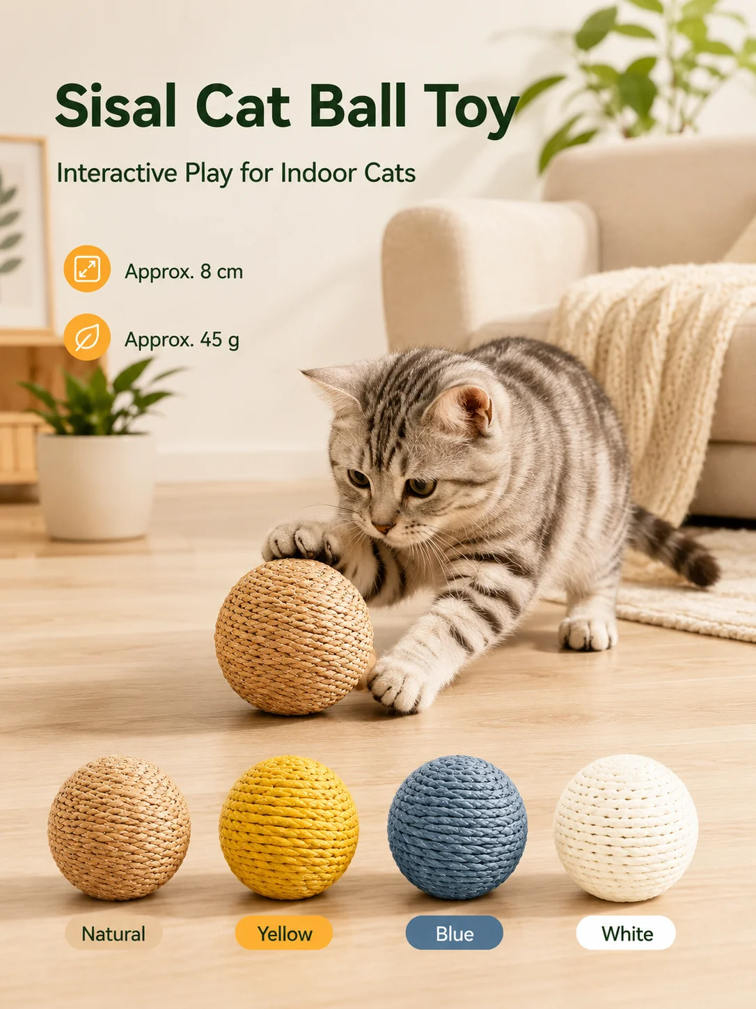 8cm Large Cat Sisal Ball Toy Scratcher Interactive Pet Toy For Indoor Cats Playing Chewing - view 4