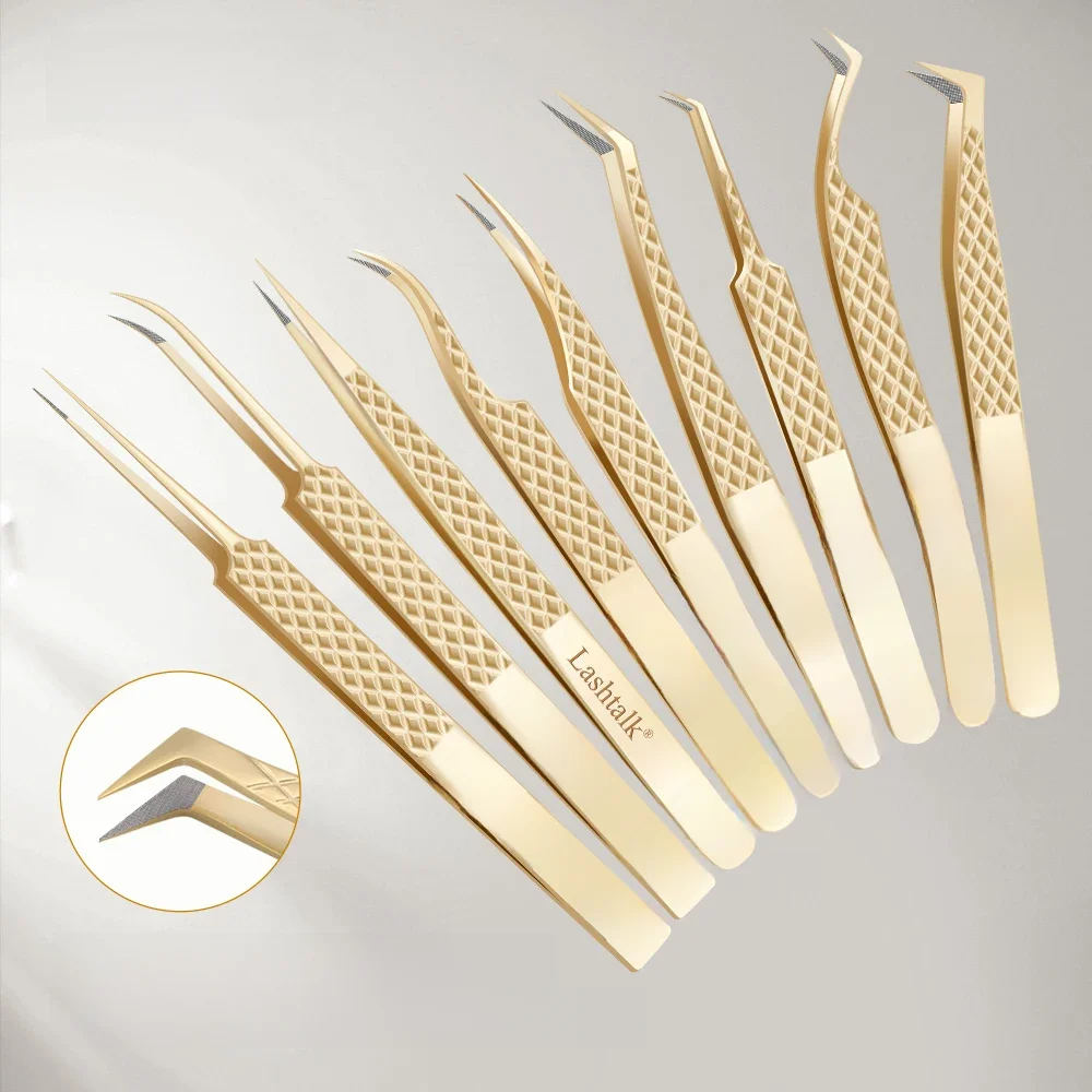Lashtalk – pince à épiler à pointe de Fiber de précision, Extensions de cils, poignée en diamant, antidérapante, maquillage en acier inoxydable doré de qualité supérieure avec boîte