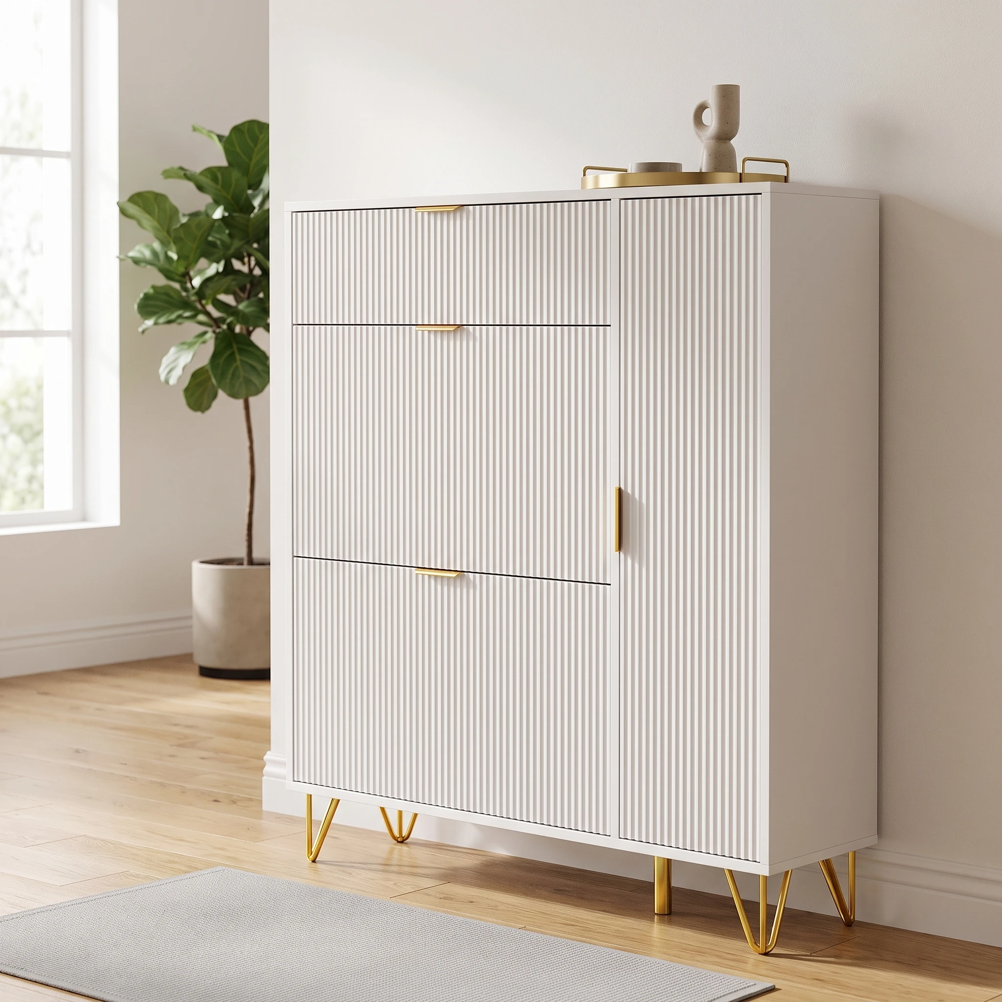 Mobiletto porta scarpe con 3 ante e 1 porta, bianco, 110 x 24 x 118,5 cm, mobiletto porta scarpe stretto, scarpiera, per ingresso, design moderno, grande capacità, contenitore nascosto, cassetti