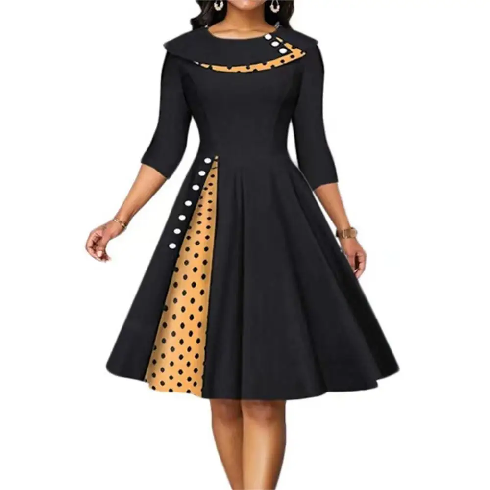 Women Vintage Polka Dot Dress Long Sleeve Buttons Office Skirt Patchwork Evening Cocktail Party Waist Swing Dress