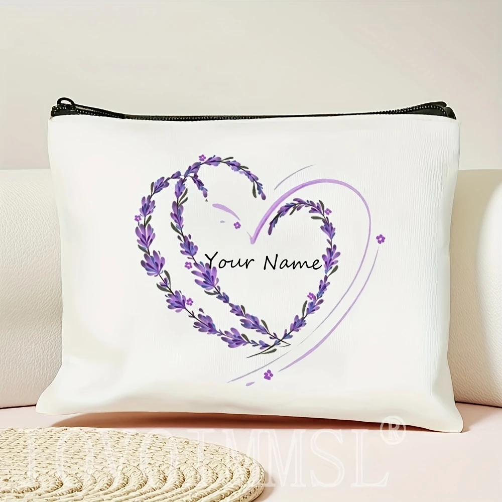 Purple Floral Heart Custom Name Makeup Bag Unlined Washable Foldable Open Storage For Travel Party Ladies