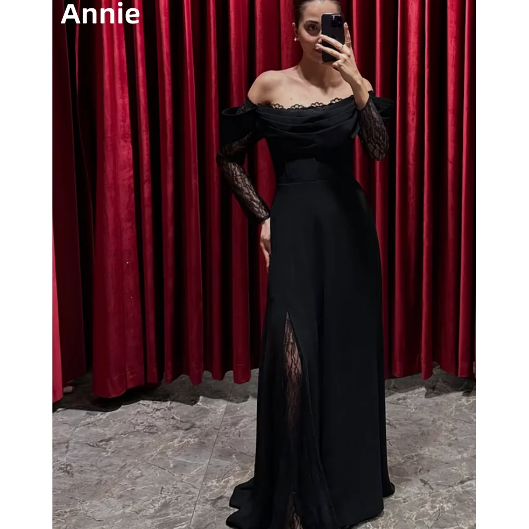 

Annie Embroidered Lace Long Sleeves Prom Dresses Black Chiffon Evening Dresses Special Occasion Women Wedding Party Dresses