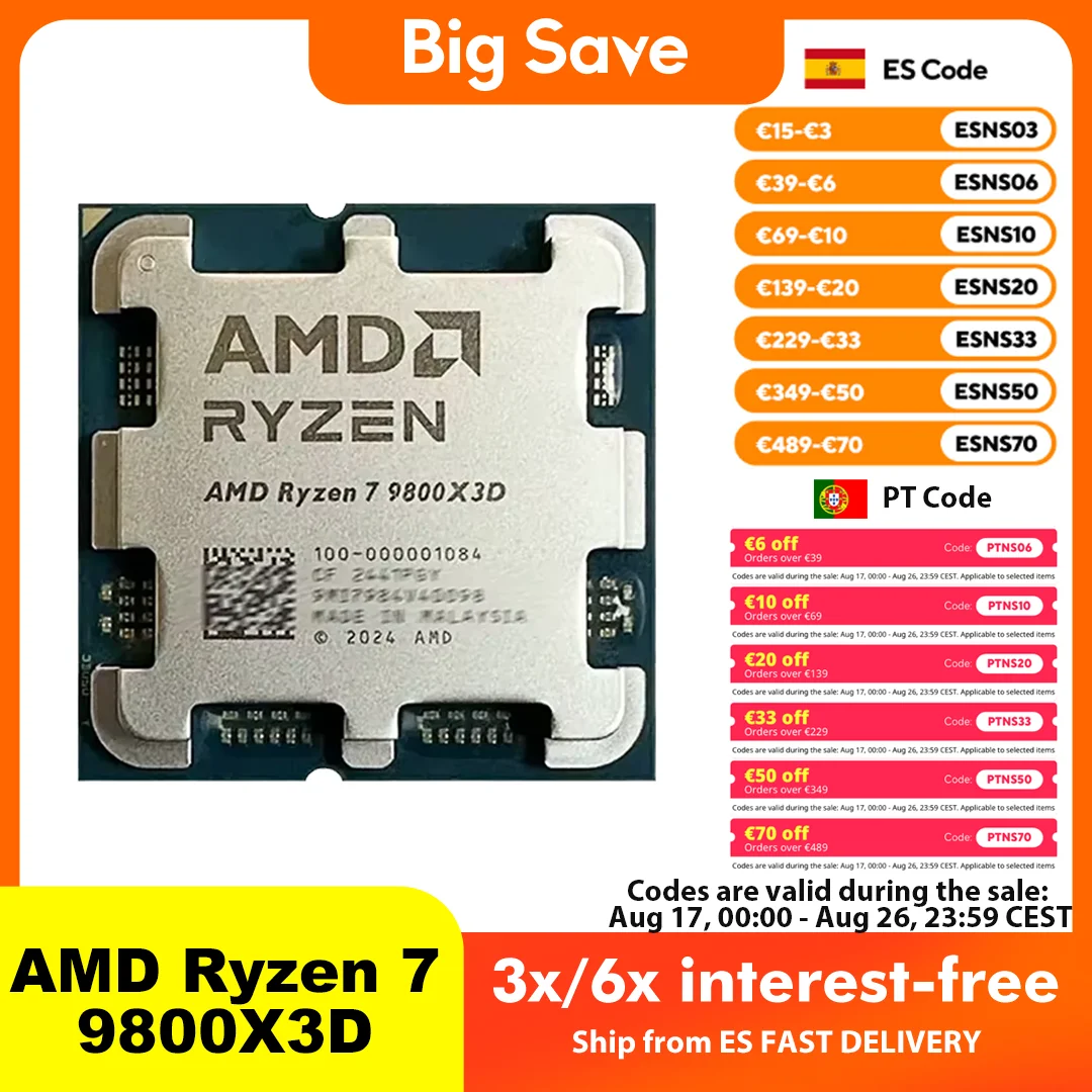 Procesador para juegos AMD 9800X3D de 8 núcleos y 16 hilos, hasta 5.2 GHz de frecuencia de reloj máxima, caché L3 de 96 MB, TDP predeterminado de 120W, arquitectura de procesador Zen 5