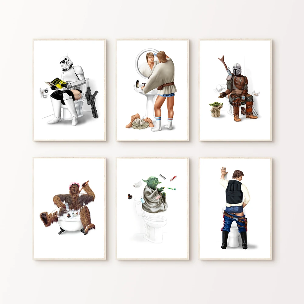 Space Wars Bathroom Print Luke Skywalker Yoda Poster Pooping Mandalorian Storm Trooper Chewbacca Canvas Painting Toilet Decor