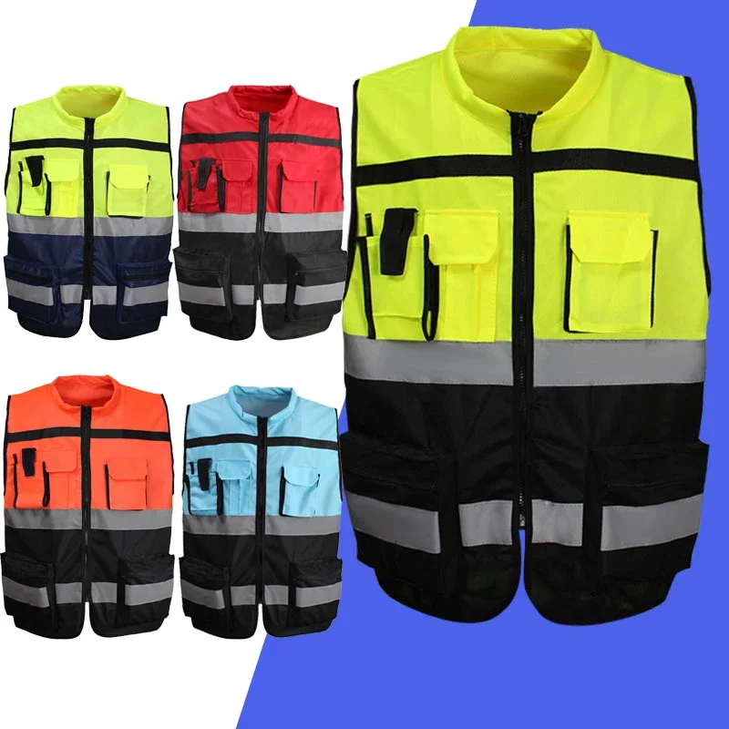 Gilet de travail à fermeture éclair avant, gilet moto, gilet de circulation pour hommes et femmes, en jaune, noir, rouge, bleu, orange, pour la construction, le trafic, la moto, la course à pied, le