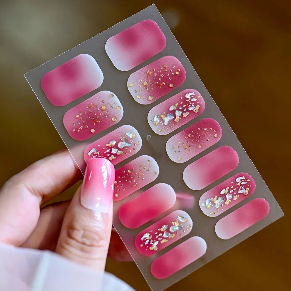 Patch de bandes d'ongles roses sans durci, 14 pointes, strass de luxe 3D, autocollant multi-styles, couverture complète, curseur auto-adhésif, décalcomanie à faire soi-même