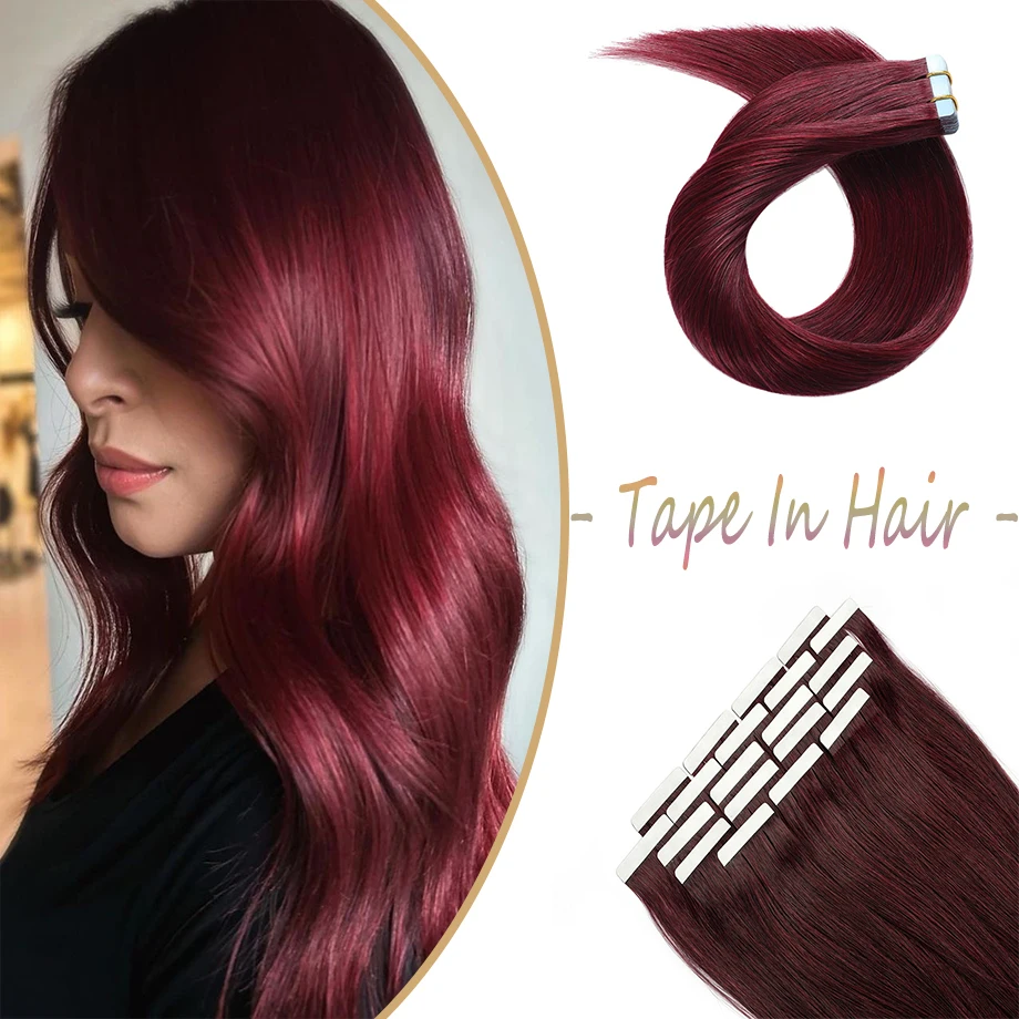 Tape In Hair Extensions 100% Menselijk Haar Natuurlijke Kleur Bordeauxrood Gouden Tape Ins Braziliaanse Rechte Naadloze Huid Inslag Voor Vrouw