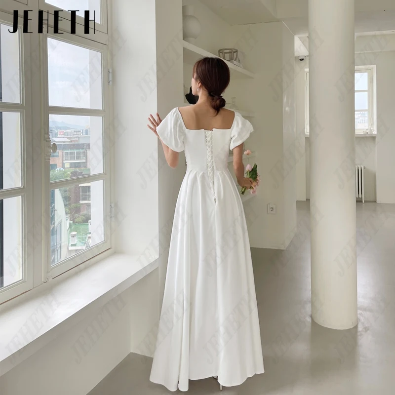 JEHETH Sweetheart Puff Sleeve Korea Wedding Dress Women A-Line Simple Satin Bridal Gown Ankle-Length Photography 웨딩드레스 Backless