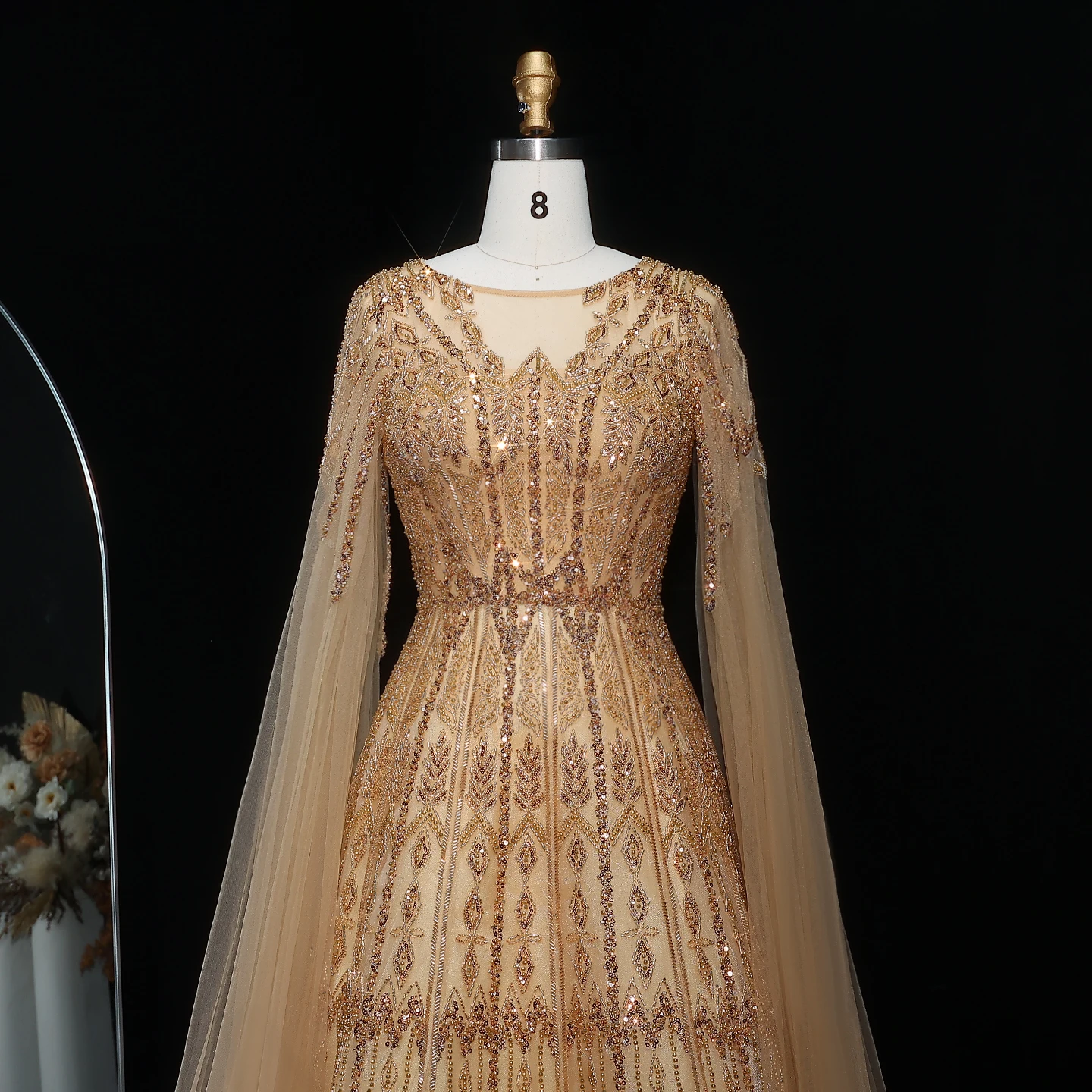 Sharon Said Luxuriöses Dubai Blaues Abendkleid mit Cape-Ärmeln in Übergröße, A-Linie, Arabisches Hochzeits- und Festkleid SS001, Maßanfertigung – Detail 27