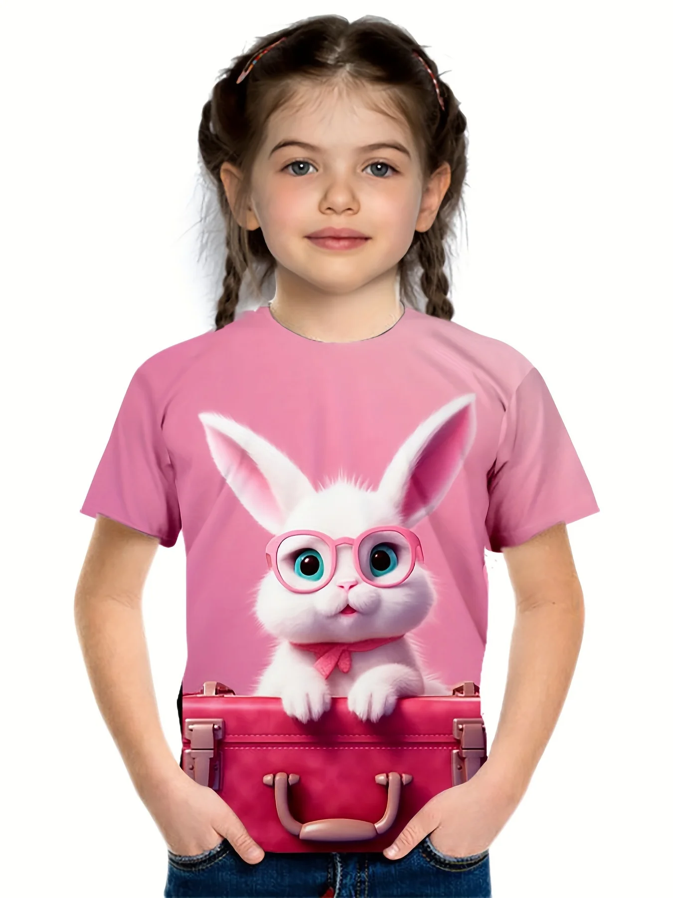 Fashion Rabbit Graphic Short Sleeve T-Shirt Girls Comfortable Pullover Top Kids/Adults Summer Casual Streetwear