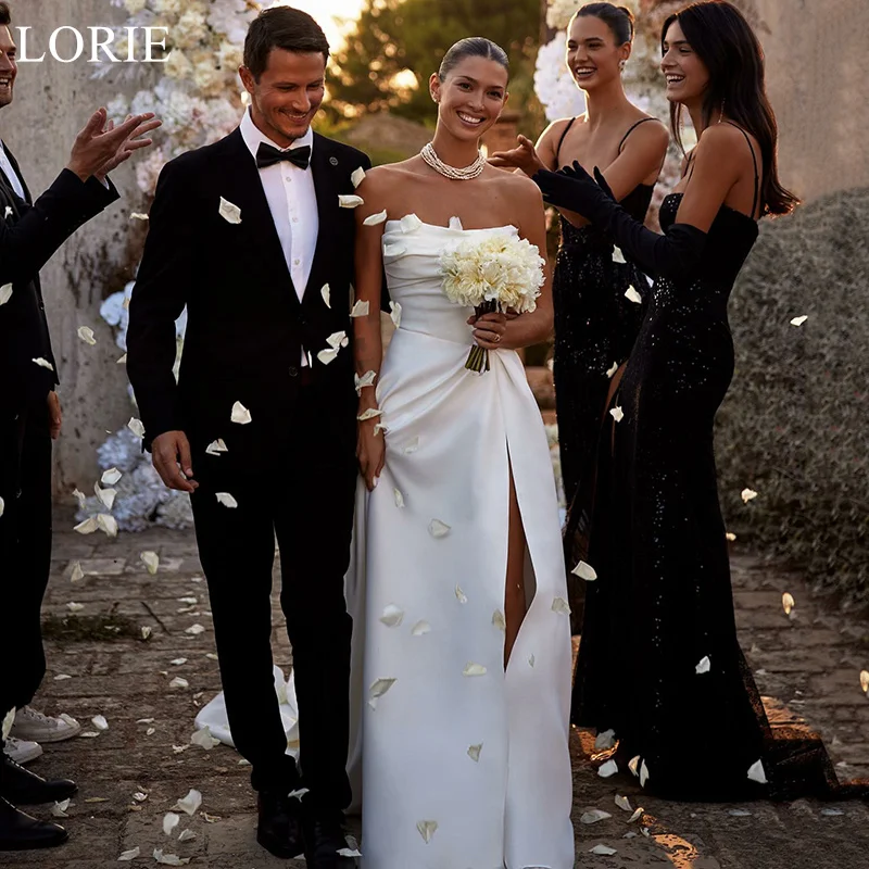 

LORIE Elegant Satin Strapless Wedding Dresses A-Line Sleeveless Bride Prom Gown Pleat Side Slit Bridal Gowns Customized