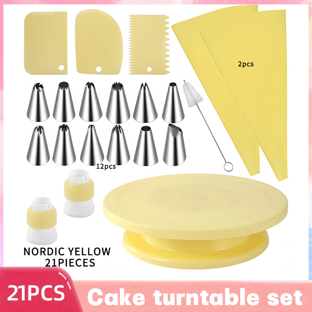 21PCS Cake Turntable with 2 EVA piping bag 3 Icing Smoother Scraper 12 Piping Nozzle Cake Decorating Kit Baking Accessories Tool