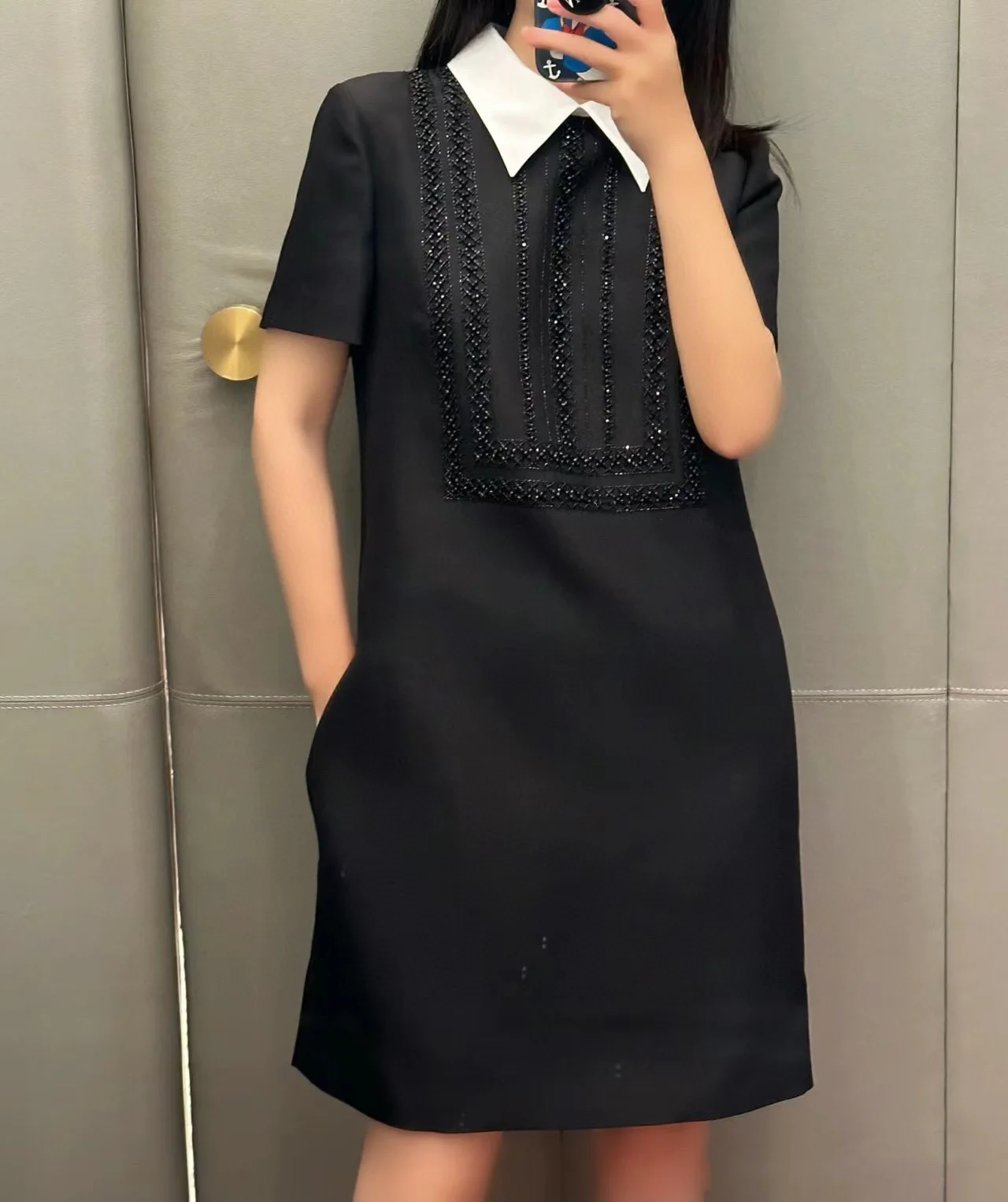 

2024 Summer cocktail beaded french collar short sleeve mini dress