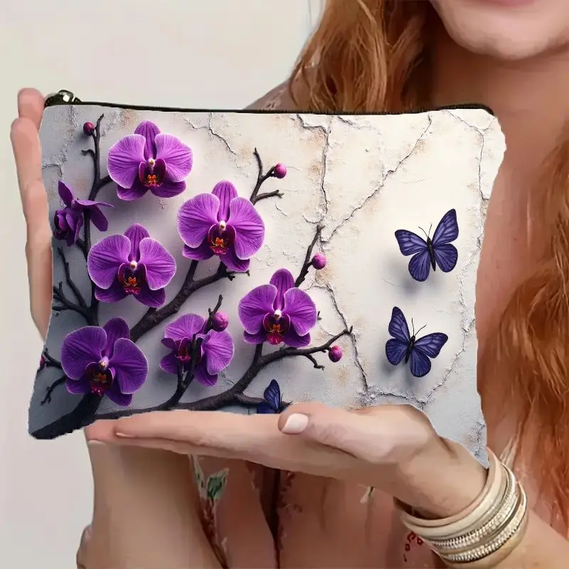 1Pc Purple Orchid Butterfly Retro Design Multifunctional Travel Makeup Bag, Snack Storage Bag, Stationery Storage Bag, Fashionable Toiletry Bag, Canvas Double-Sided Printed Zipper Pouch
