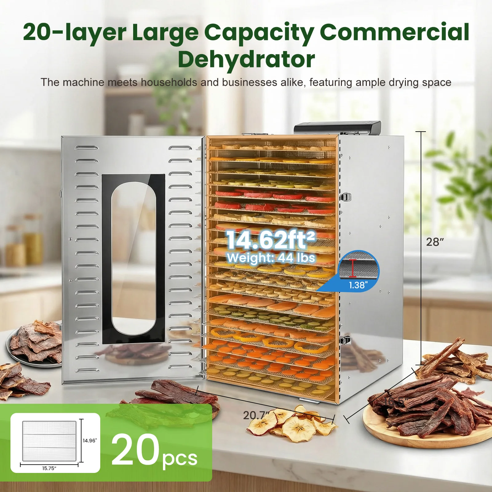 Commercial Food-Dehydrator Machine 20 Trays, with 110V Plugs Industrial-Dehydrator Commercial Meat Dryer 1500W Extra Large Capacity Beef Jerky Maker, Food-Dryer Machine for Fruit
