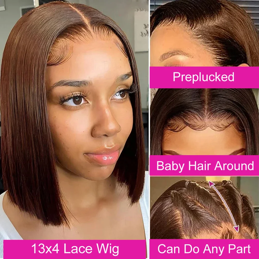 Brown Bob Lace Frontal Wig Human Hair 13x4 Straight 180 Density Transparent Lace Front Wigs Bob Lace Frontal Wig 100% Human Hair