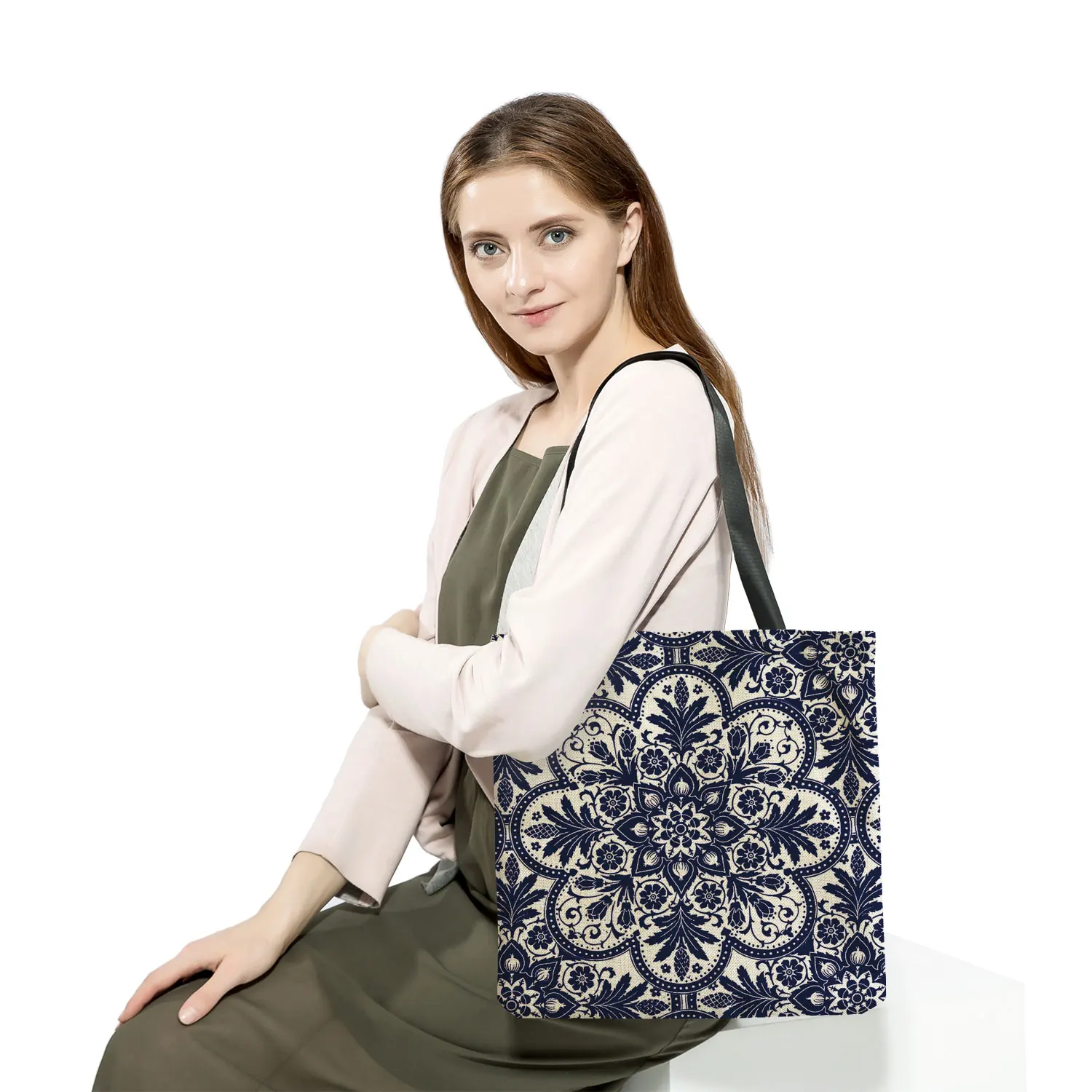 Bolso de mano ecológico para mujer, bolsa de hombro portátil personalizable, de porcelana Floral, con patrón abstracto geométrico, para playa