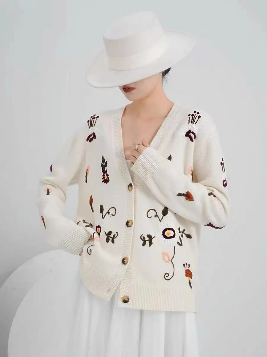 Jesienno-zimowy luksusowy damski kardigan z haftem w kształcie litery V ze 100% kaszmiru