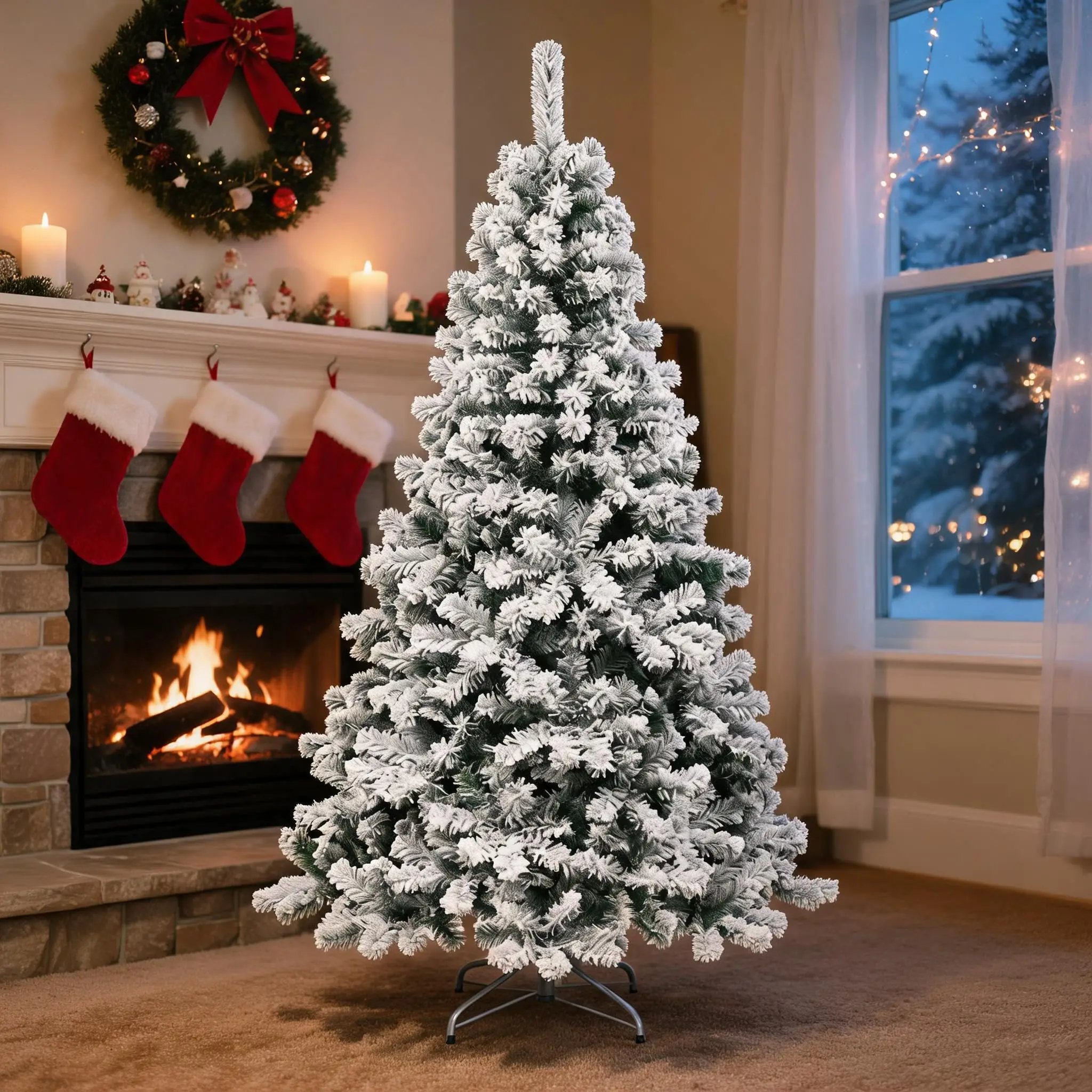 6/7,5ft kunstkerstboom met flocking, stabiele metalen voet, besneeuwde kerstboom, PVC-materiaal, flexibele takken voor eenvoudig vormgeven, realistisch volledig uiterlijk voor winterse decoratie