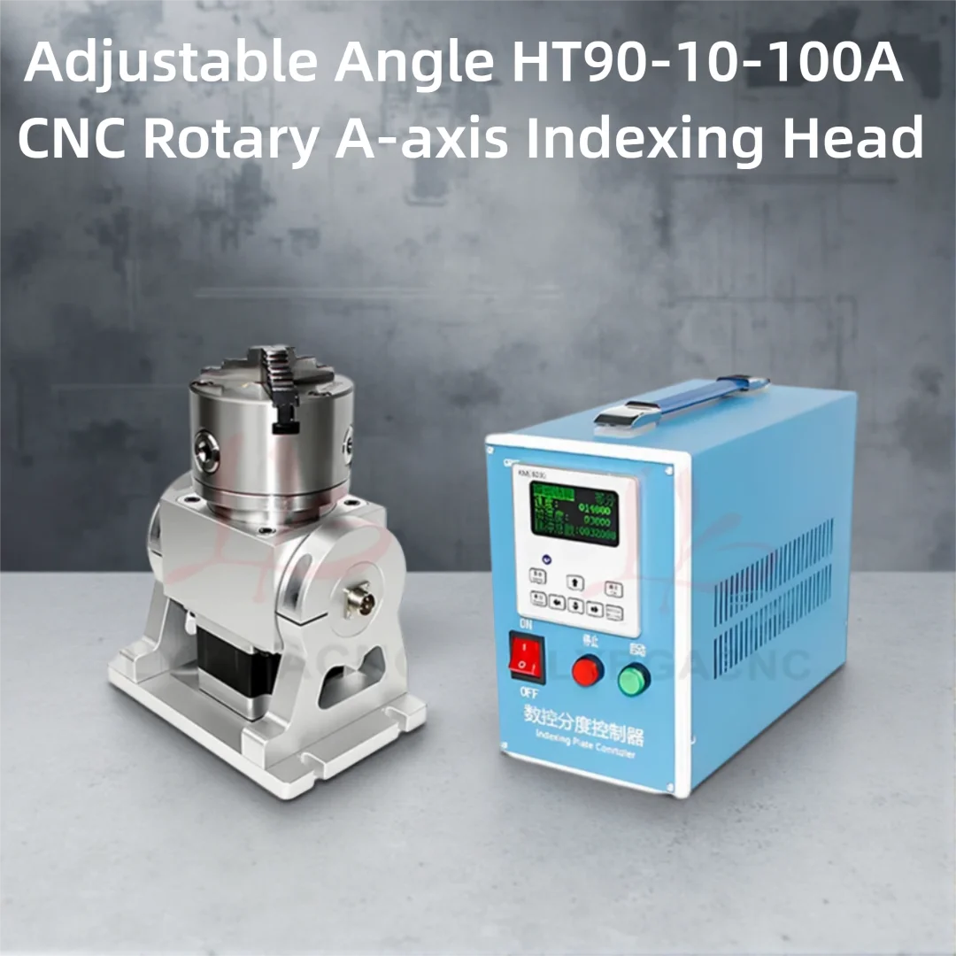 

Adjustable Angle HT90-10-100A CNC Rotary A-axis Indexing Head with 100mm Chuck and 3 Jaws for Laser Marking CNC Milling Machine