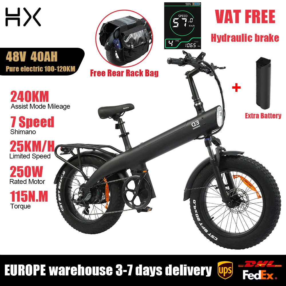 HX Q3 Elektrische Fiets voor Volwassenen 250W 48V 20Ah Verwijderbare Batterij 115Nm Hoog Koppel 20 Inch Dikke Banden Zwaarbelastbaar Achterrek voor Goederen- en Passagiersvervoer