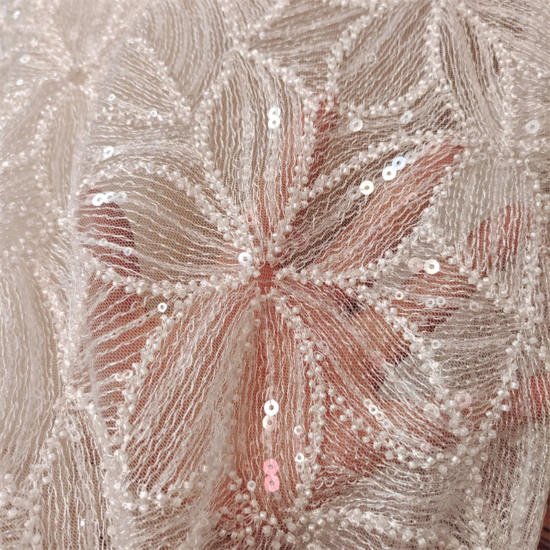 New off-white mesh embroidery beading sequins flower cloth fabric wedding dress skirt curtain tablecloth accessories